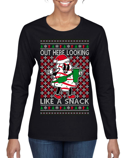 Out Here Looking Like a Snack Funny Cute Christmas Cookie Ugly Christmas Sweater Womens Graphic Long Sleeve T-Shirt