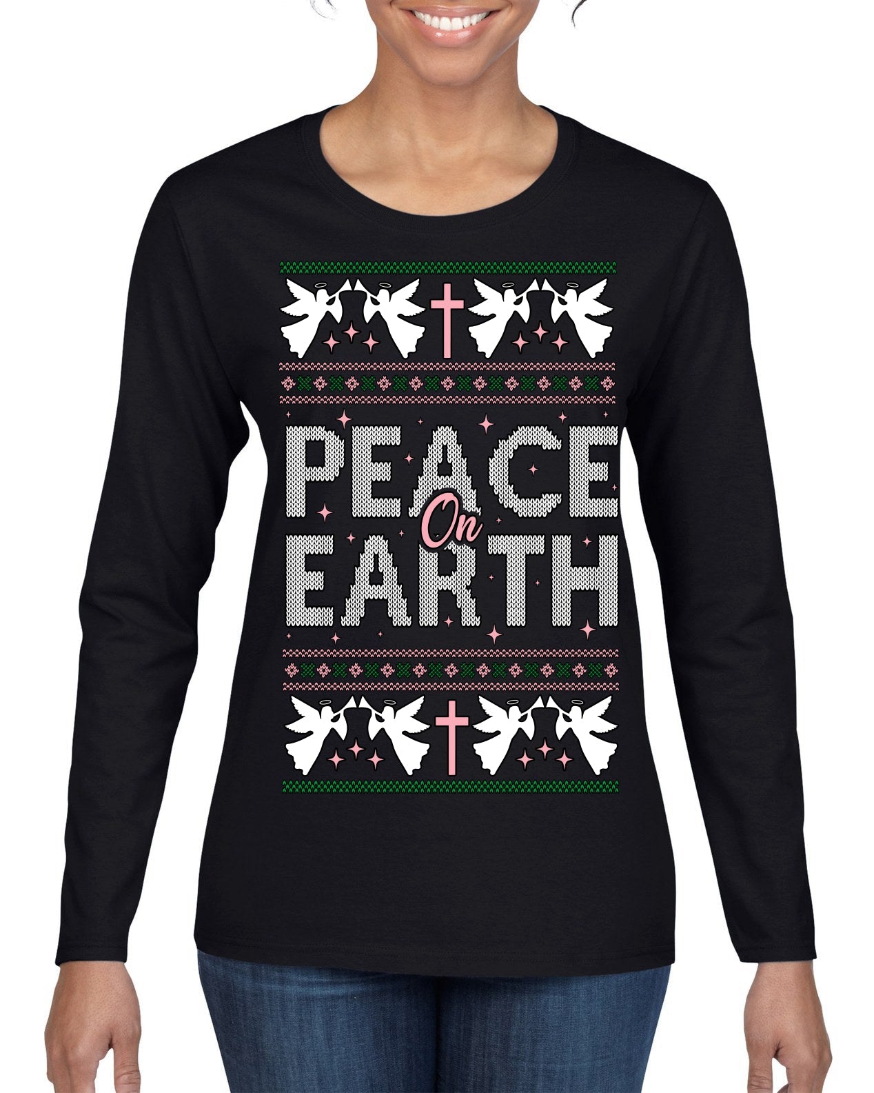 Peace On Earth Funny Xmas Cute Pink Angel Cross Ugly Christmas Sweater Womens Graphic Long Sleeve T-Shirt