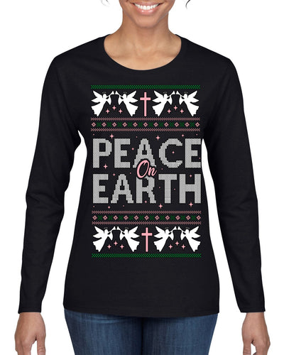 Peace On Earth Funny Xmas Cute Pink Angel Cross Ugly Christmas Sweater Womens Graphic Long Sleeve T-Shirt