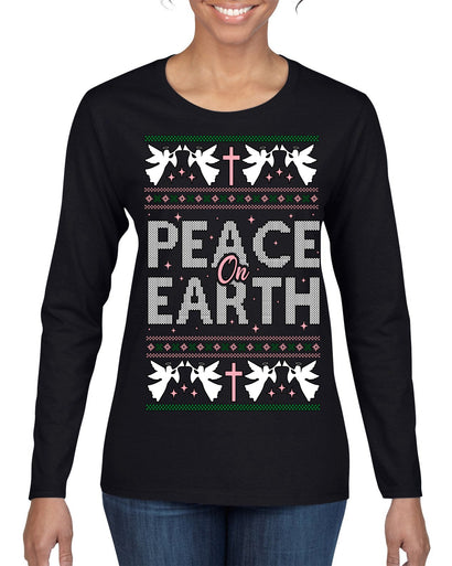 Peace On Earth Funny Xmas Cute Pink Angel Cross Ugly Christmas Sweater Womens Graphic Long Sleeve T-Shirt