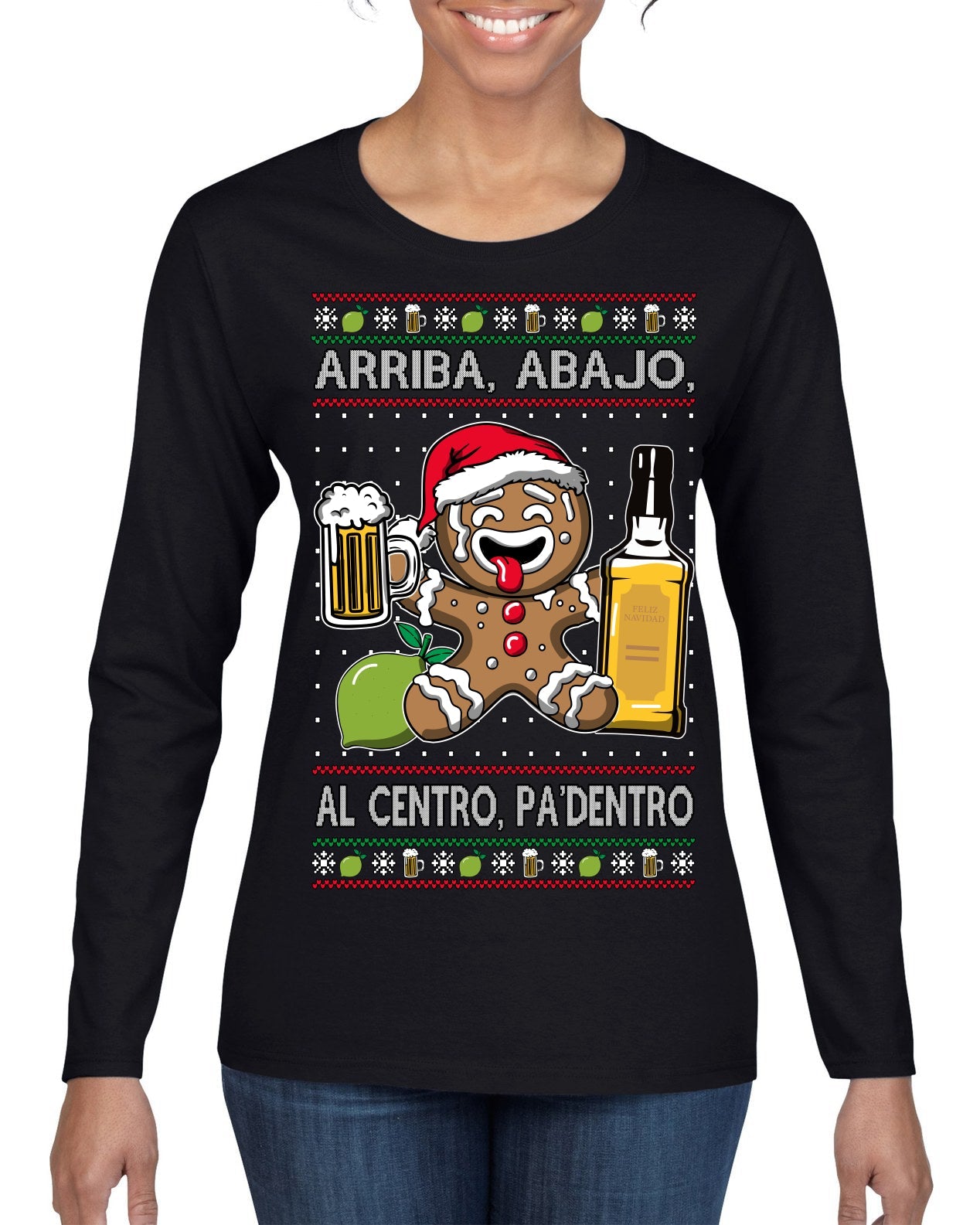 Arriba Abajo Al Centro Pa'Dentro Cheers to Health Salud Ugly Christmas Sweater Womens Graphic Long Sleeve T-Shirt