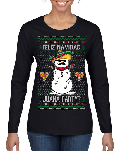 Feliz Navidad Juana Party Funny Spanish Drinking Cerveza Ugly Christmas Sweater Womens Graphic Long Sleeve T-Shirt