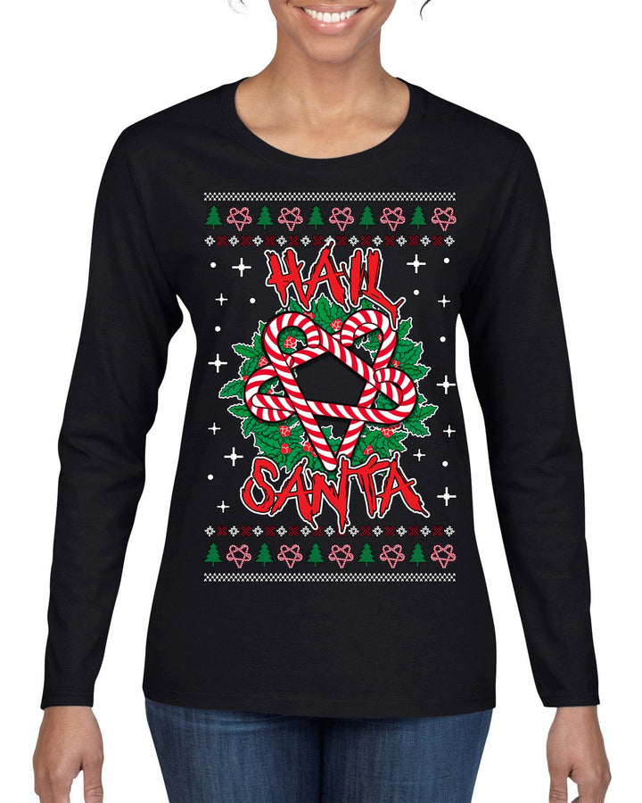 Hail Santa Funny Satanic Candy Devil Heavy Metal Satan Ugly Christmas Sweater Womens Graphic Long Sleeve T-Shirt