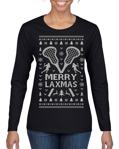 Merry Laxmas Funny Lacrosse Sports LAX Teen Sports Pun Ugly Christmas Sweater Womens Graphic Long Sleeve T-Shirt