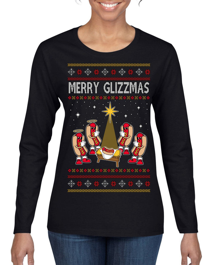 Merry Glizzmas, Funny Glizzy Hot Dog Baby Jesus Catholic Nativity, Fast Food Mustard Condiment Glizzys Humor Ugly Christmas Sweater Womens Graphic Long Sleeve T-Shirt