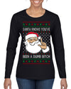 Santa Knows You've Been a Dumb Bitch Funny Vulgar Dirty Ugly Christmas Sweater Womens Graphic Long Sleeve T-Shirt