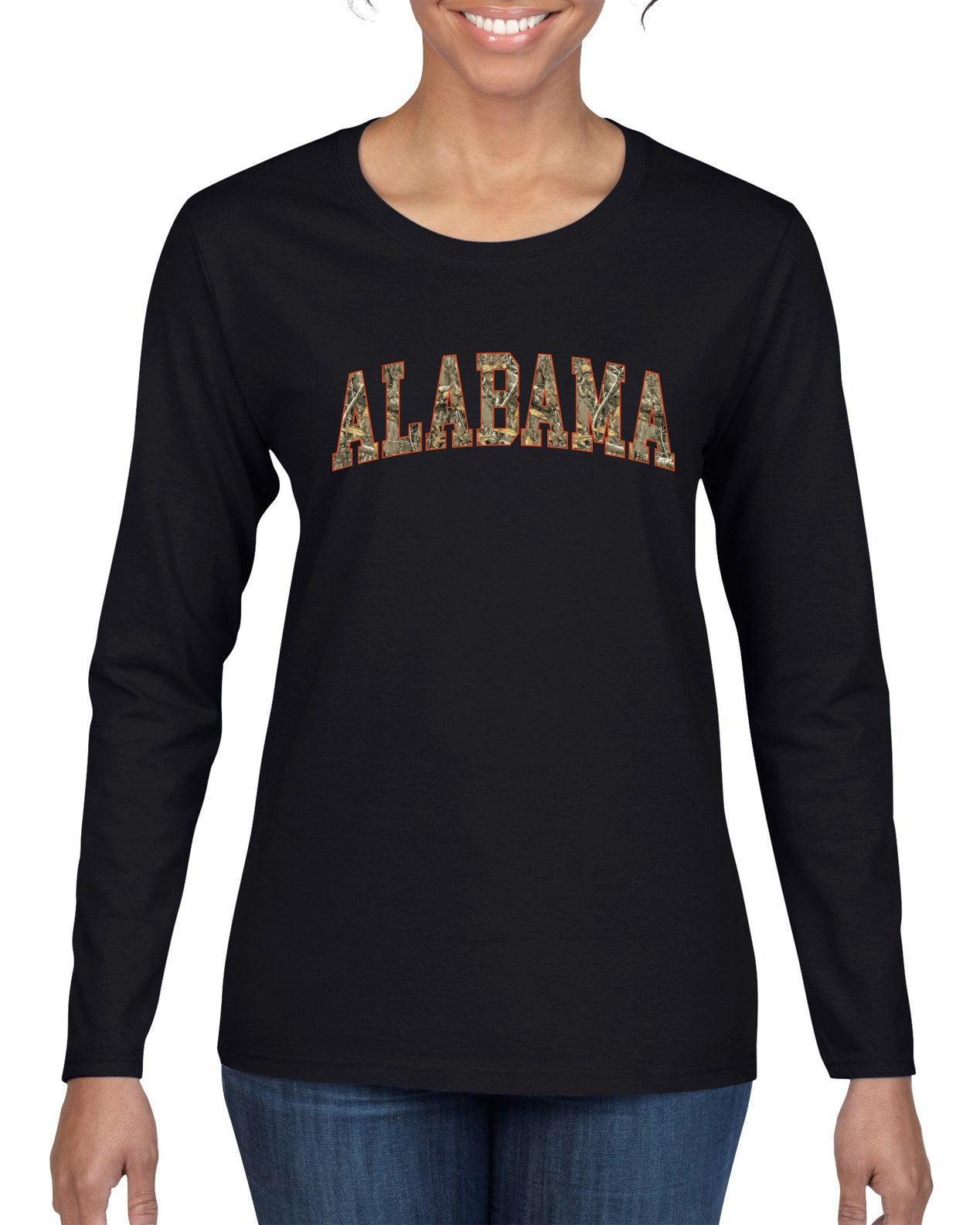 Alabama Camo Fill Orange Outline Sweater, Womens Graphic Long Sleeve T-Shirt