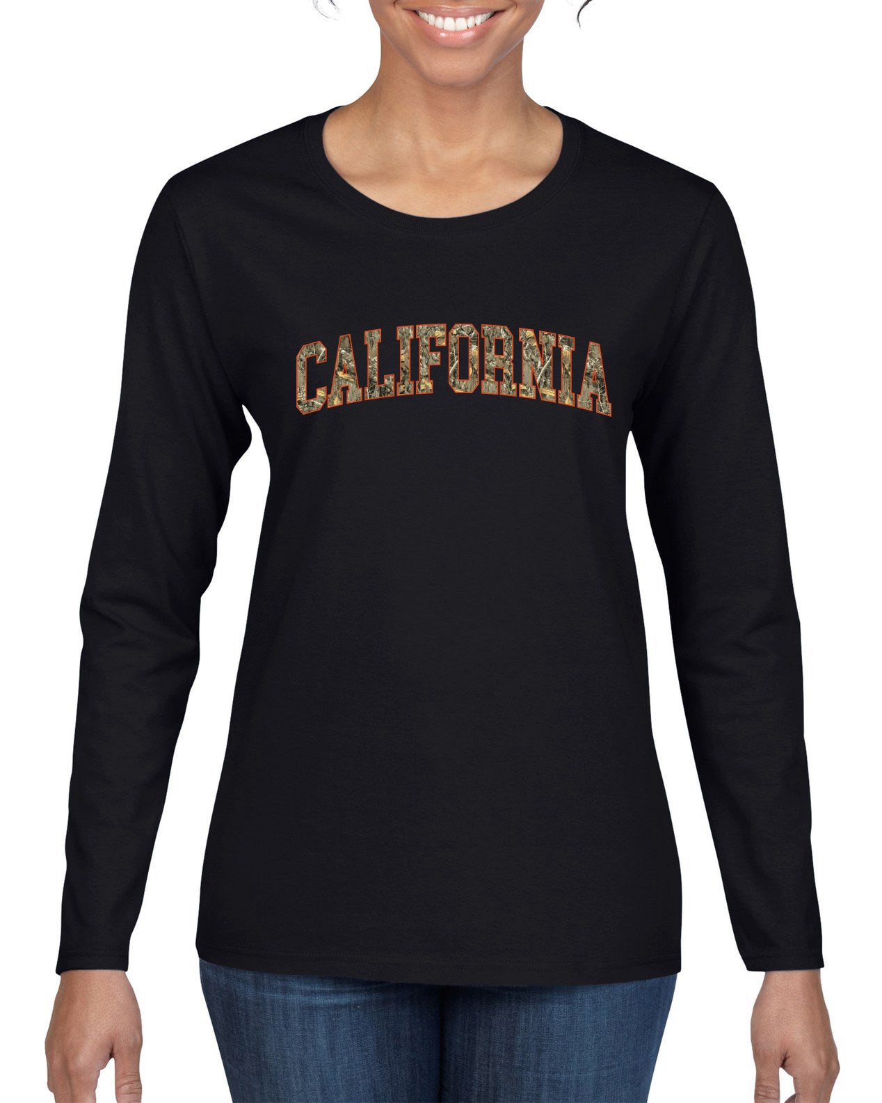 California  Camo Fill Orange Outline Sweater, Womens Graphic Long Sleeve T-Shirt