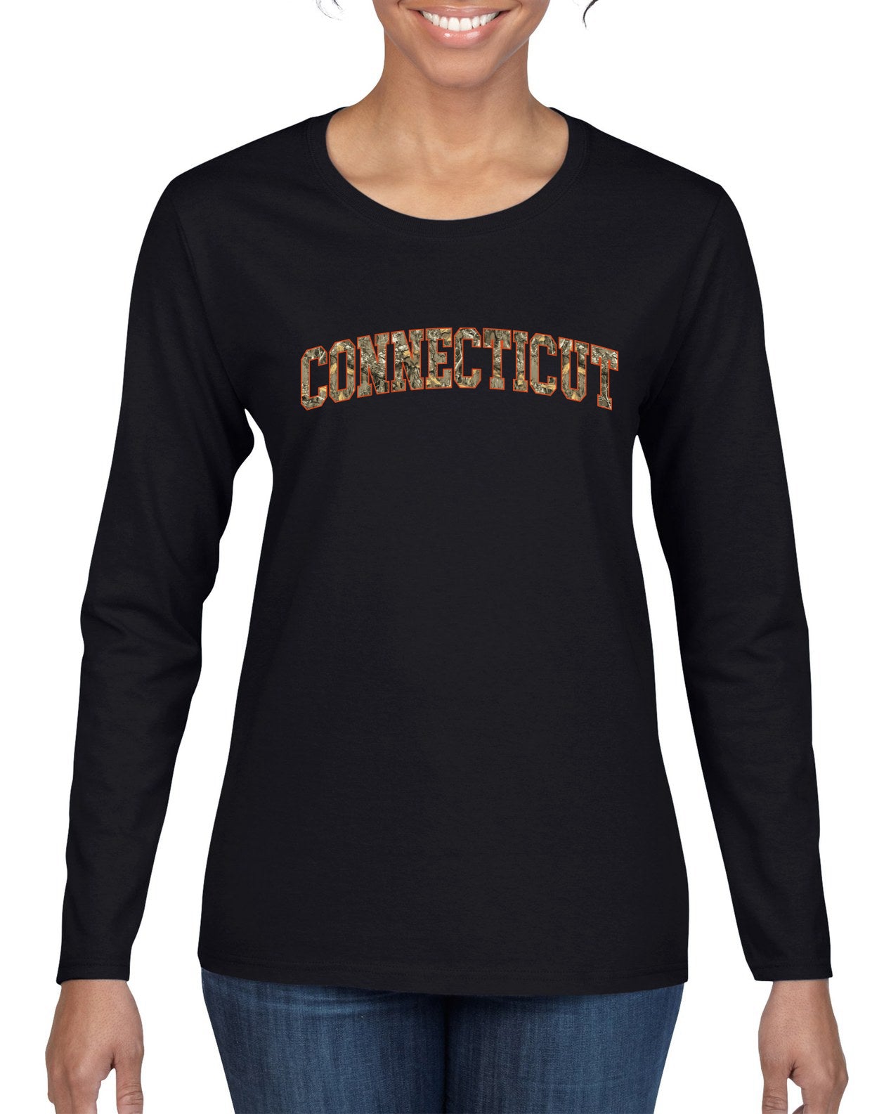 Connecticut  Camo Fill Orange Outline Sweater, Womens Graphic Long Sleeve T-Shirt