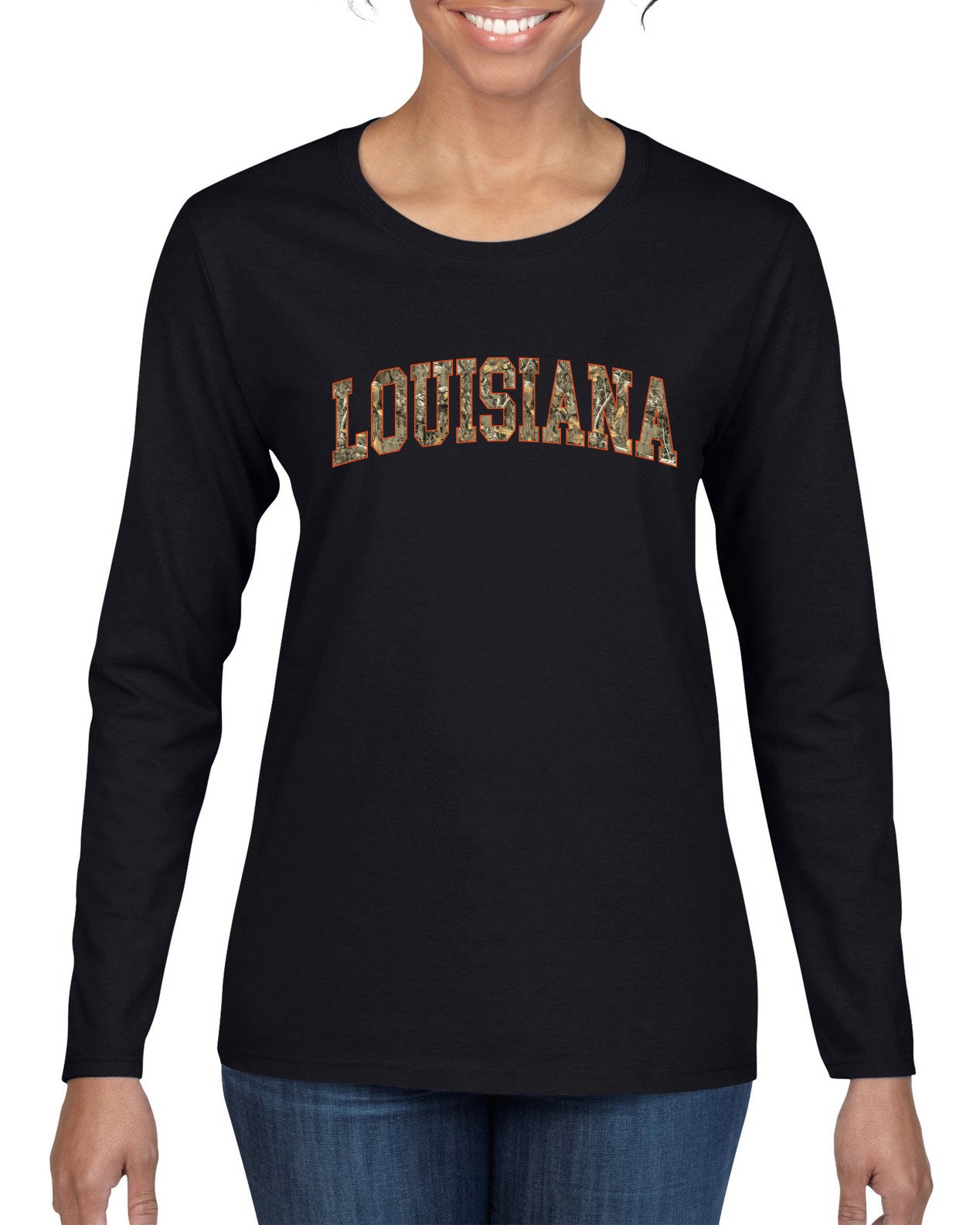 Louisiana  Camo Fill Orange Outline Sweater, Womens Graphic Long Sleeve T-Shirt