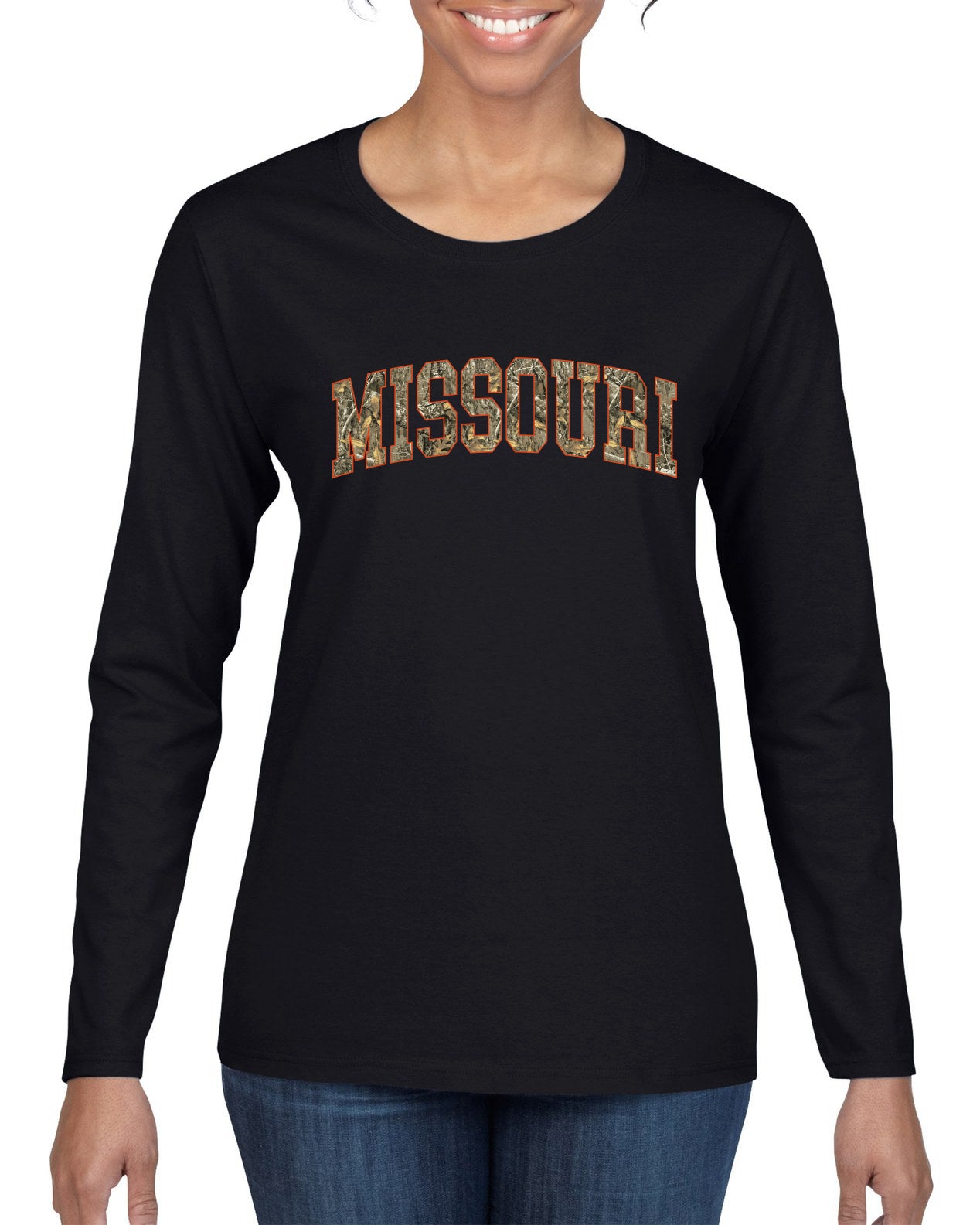 Missouri Camo Fill Orange Outline Sweater, Womens Graphic Long Sleeve T-Shirt