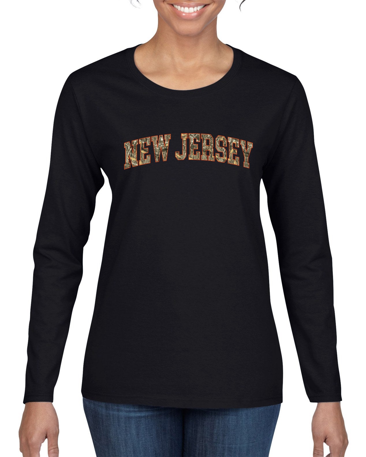 New Jersey  Camo Fill Orange Outline Sweater, Womens Graphic Long Sleeve T-Shirt