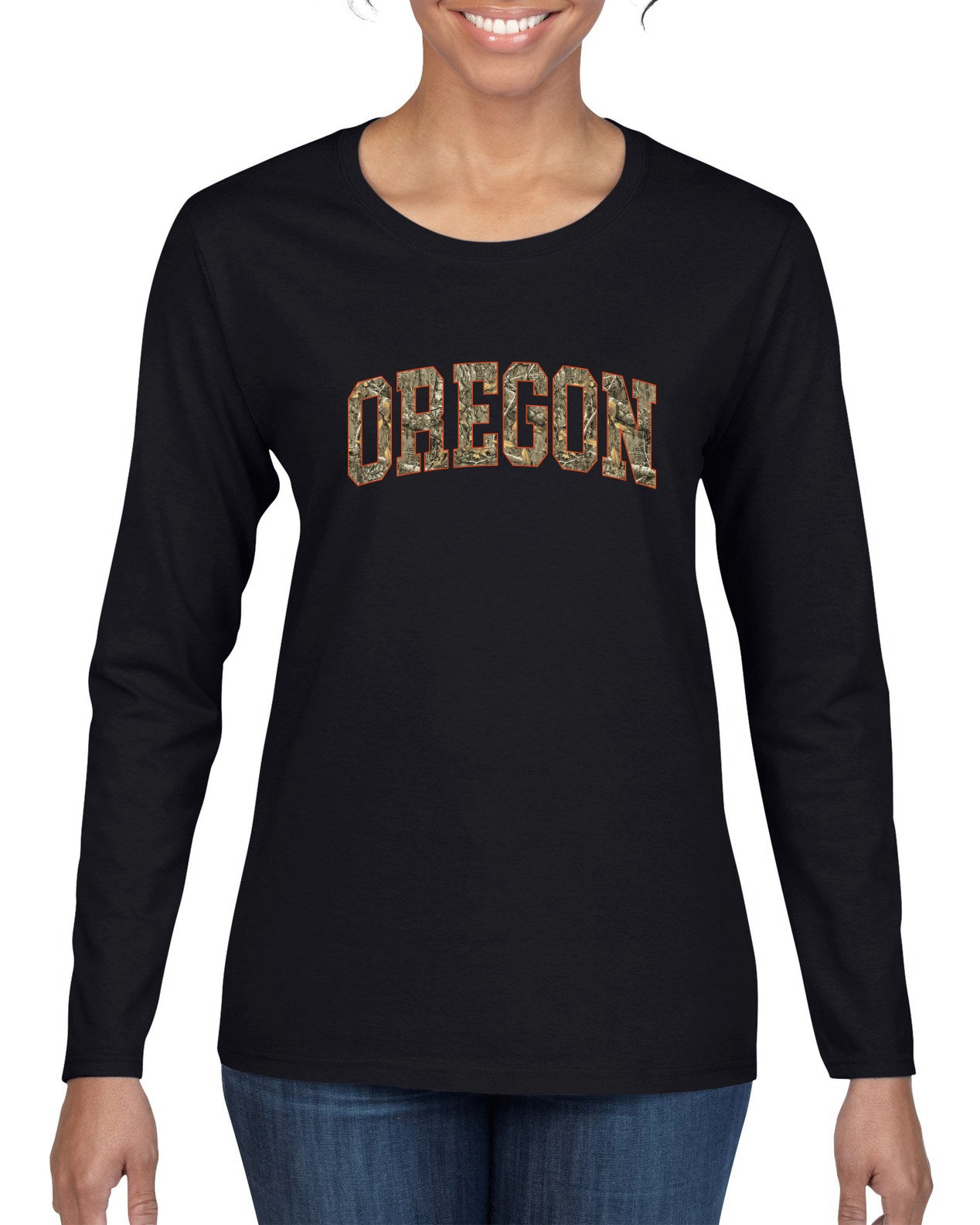 Oregon  Camo Fill Orange Outline Sweater, Womens Graphic Long Sleeve T-Shirt