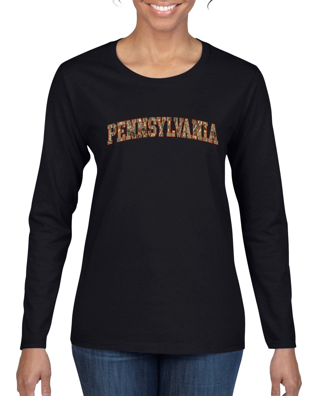 Pennsylvania  Camo Fill Orange Outline Sweater, Womens Graphic Long Sleeve T-Shirt