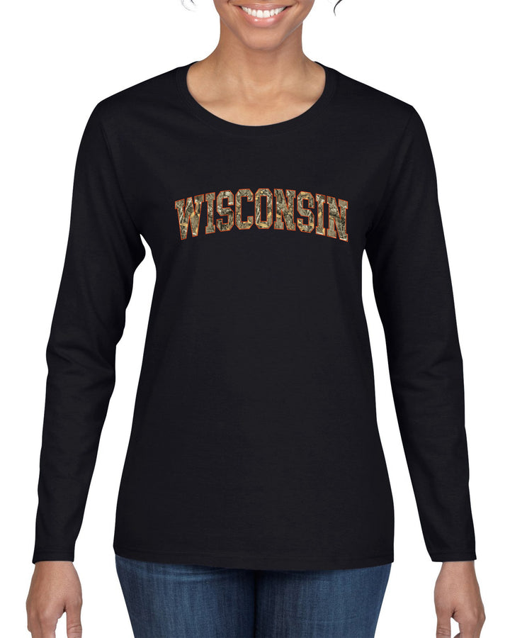 Wisconsin  Camo Fill Orange Outline Sweater, Womens Graphic Long Sleeve T-Shirt