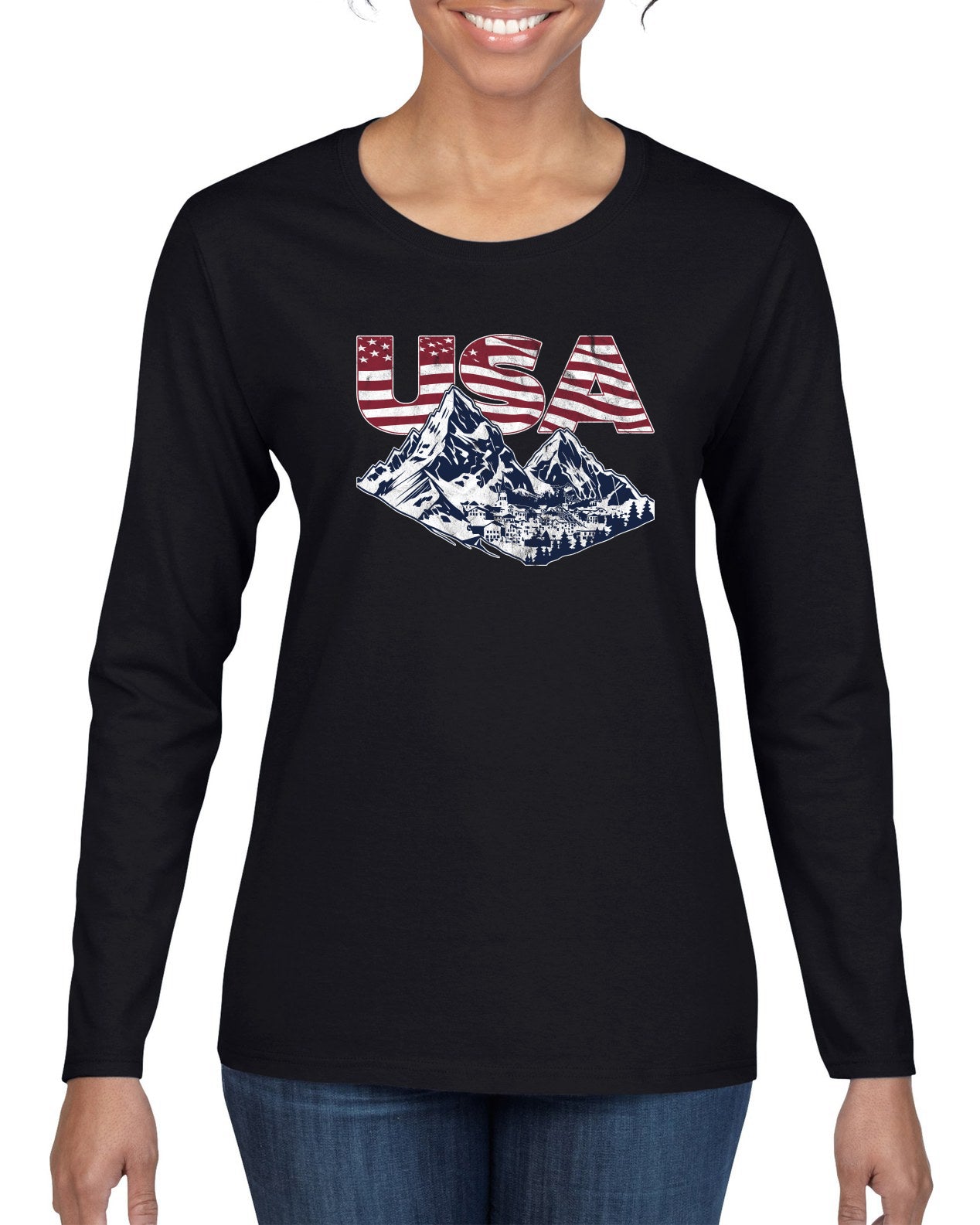 USA Winter Team Sports Fan Collection | USA Flag Mountainscape Sweater, Womens Graphic Long Sleeve T-Shirt