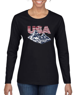 USA Winter Team Sports Fan Collection | USA Flag Mountainscape Sweater, Womens Graphic Long Sleeve T-Shirt