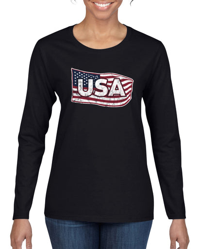 USA Winter Team Sports Fan Collection | USA Flowing Flag Sweater, Womens Graphic Long Sleeve T-Shirt
