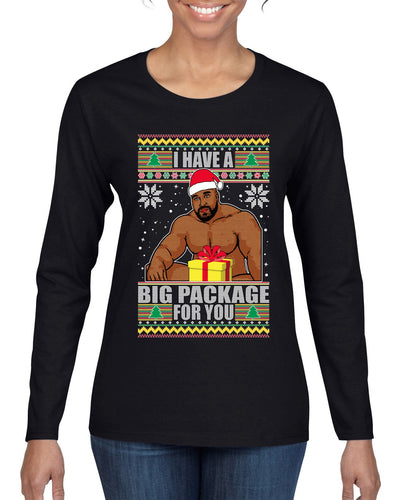 I Have A Big Package Meme Barry Wood Ugly Christmas Sweater Womens Graphic Long Sleeve T-Shirt