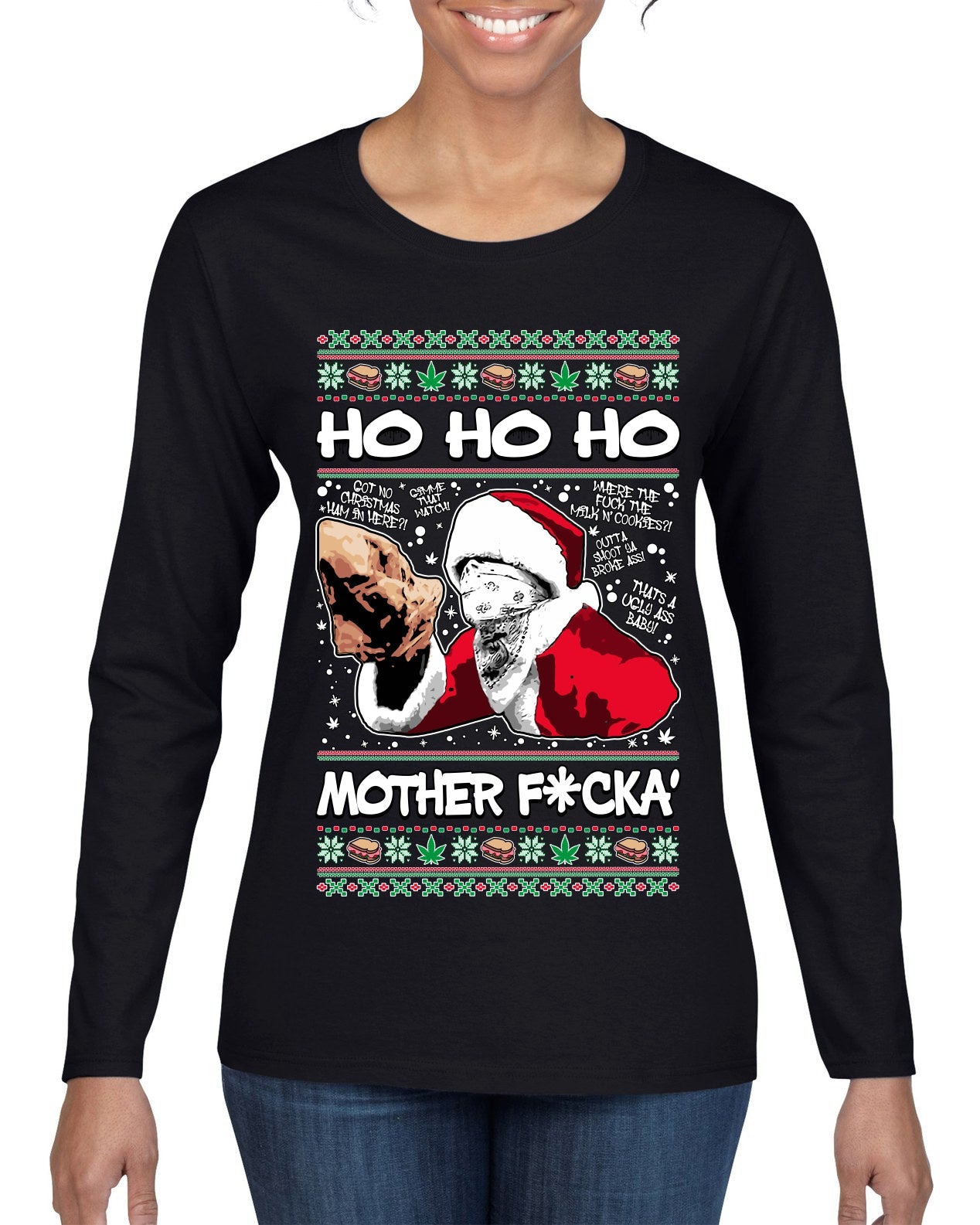 Friday Hood Santa  Ugly Christmas Sweater Womens Graphic Long Sleeve T-Shirt