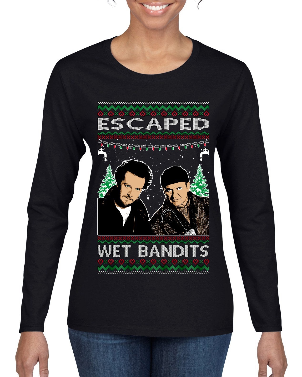 Escaped Bandits Classic Home Holiday Movie Ugly Christmas Sweater Womens Graphic Long Sleeve T-Shirt