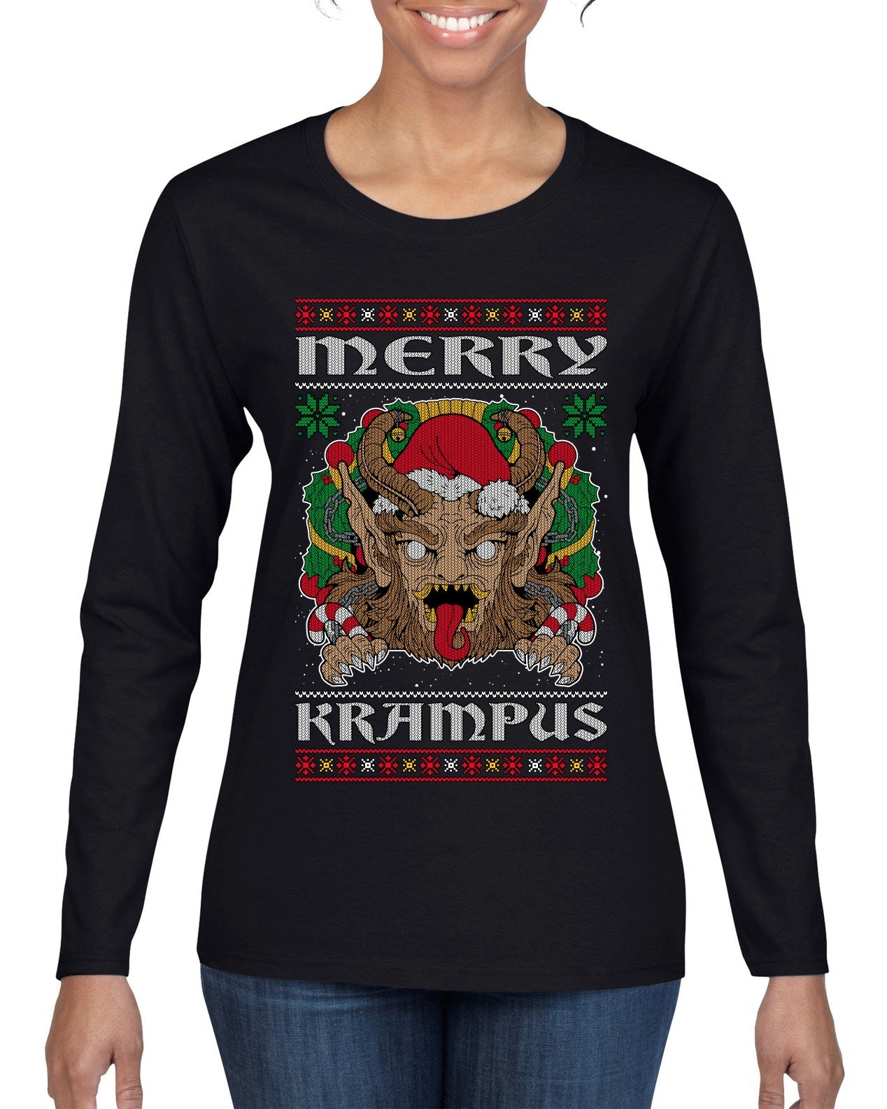 Merry Krampus Santa Folklore Figure Horror Ugly Christmas Sweater Womens Graphic Long Sleeve T-Shirt