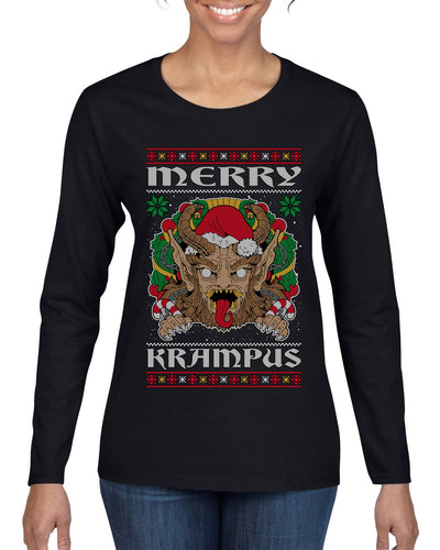 Merry Krampus Santa Folklore Figure Horror Ugly Christmas Sweater Womens Graphic Long Sleeve T-Shirt