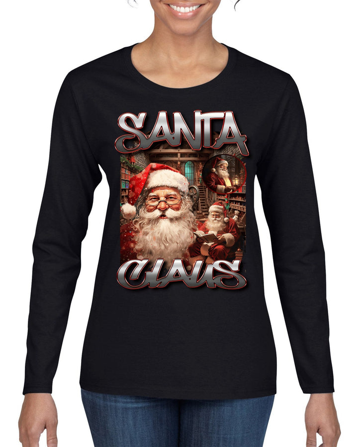 Santa Claus Bootleg Rap Music Style Ugly Christmas Sweater Womens Graphic Long Sleeve T-Shirt