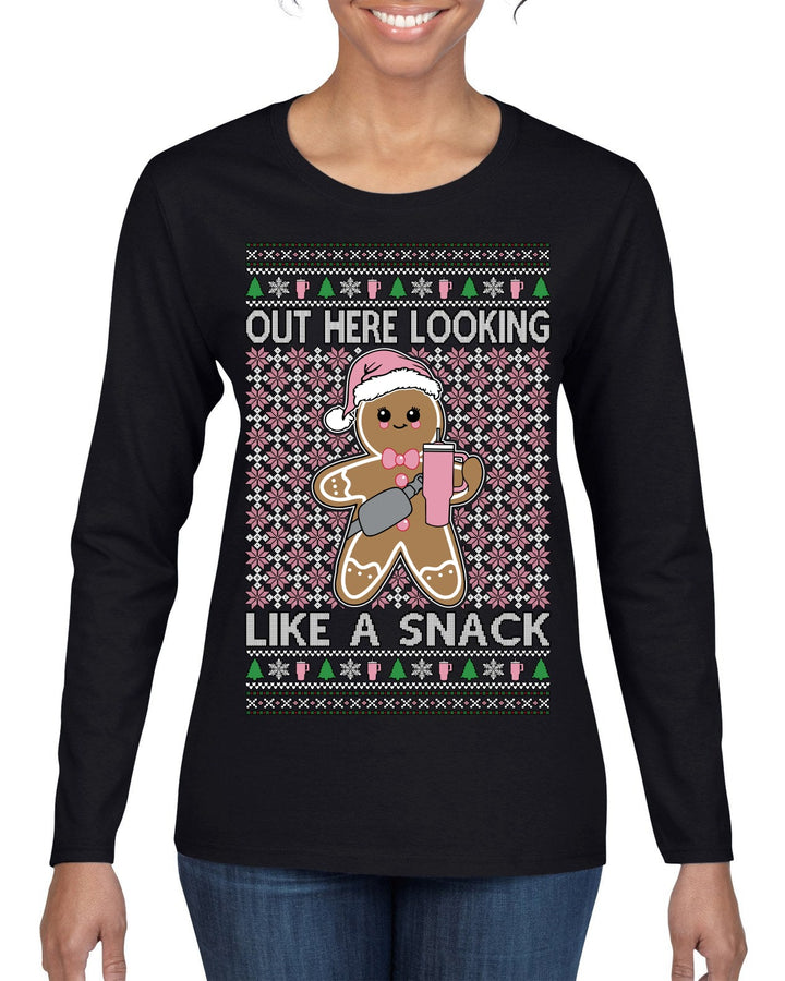 Out Here Looking Like a Snack Cute Xmas Cookie Ugly Christmas Sweater Womens Graphic Long Sleeve T-Shirt