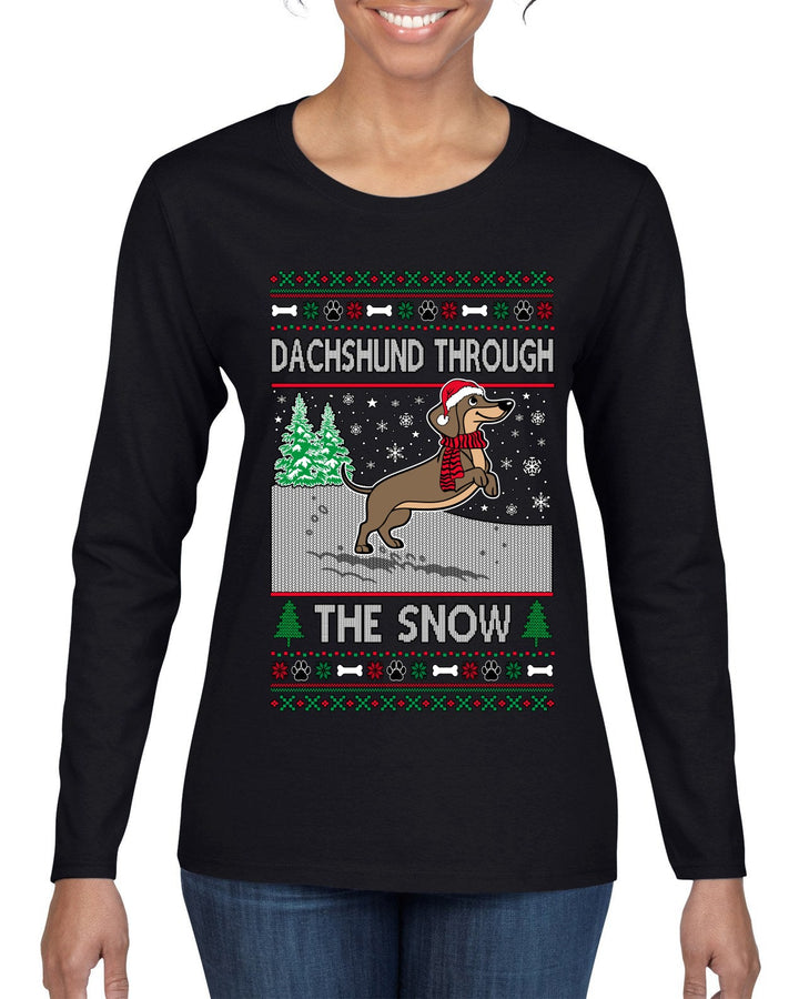 Dachshund Through The Snow, Cute Dog Christmas Sweater, Ugly Christmas Sweater Womens Graphic Long Sleeve T-Shirt