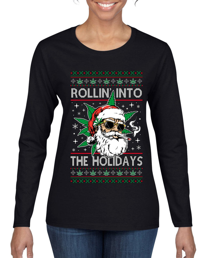 Rollin' Into The Holidays Christmas Sweater, Ugly Christmas Sweater Womens Graphic Long Sleeve T-Shirt
