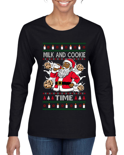Milk And Cookie Time Christmas Sweater, Ugly Christmas Sweater Womens Graphic Long Sleeve T-Shirt