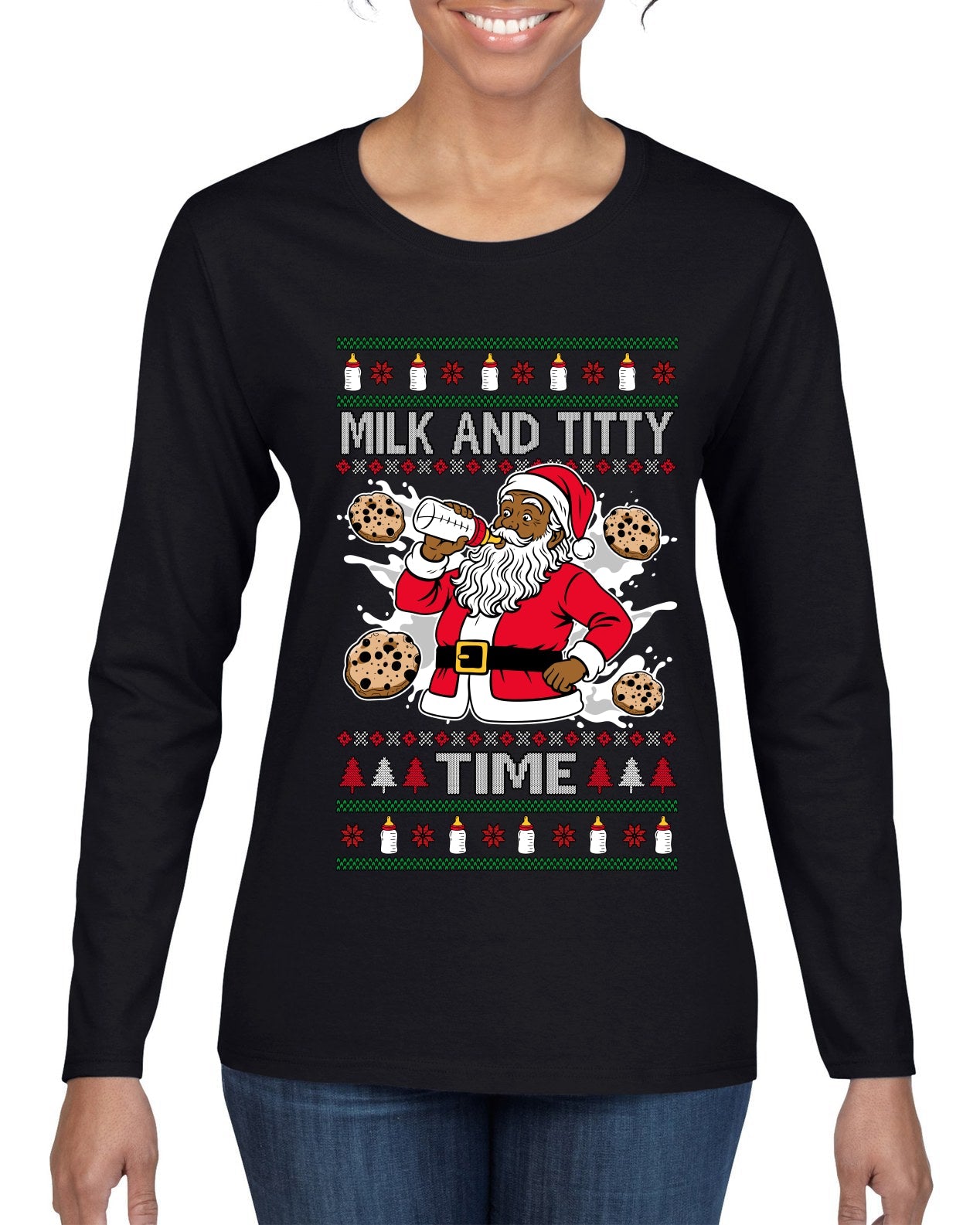 Milk And Titty Time Christmas Sweater, Ugly Christmas Sweater Womens Graphic Long Sleeve T-Shirt