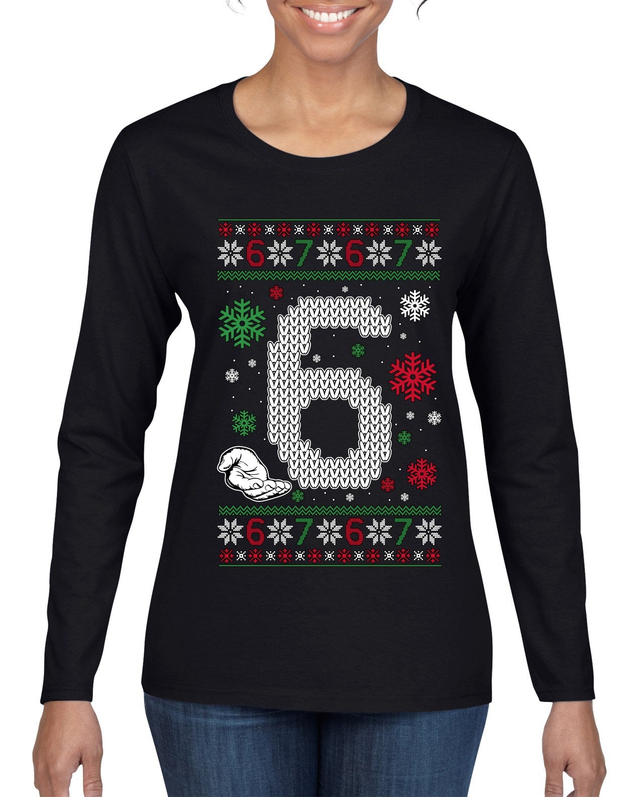 Christmas 6 Meme, Ugly Christmas Sweater Womens Graphic Long Sleeve T-Shirt