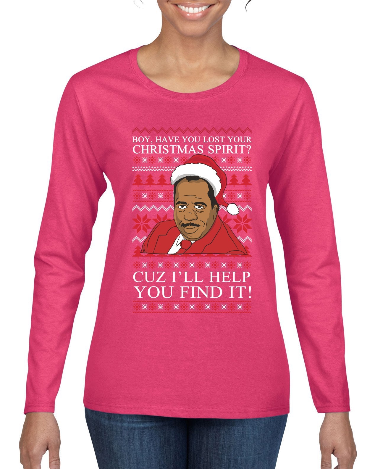 Christmas Spirit I'll Help You Find It Stanley Hudson Ugly Christmas Sweater Womens Graphic Long Sleeve T-Shirt