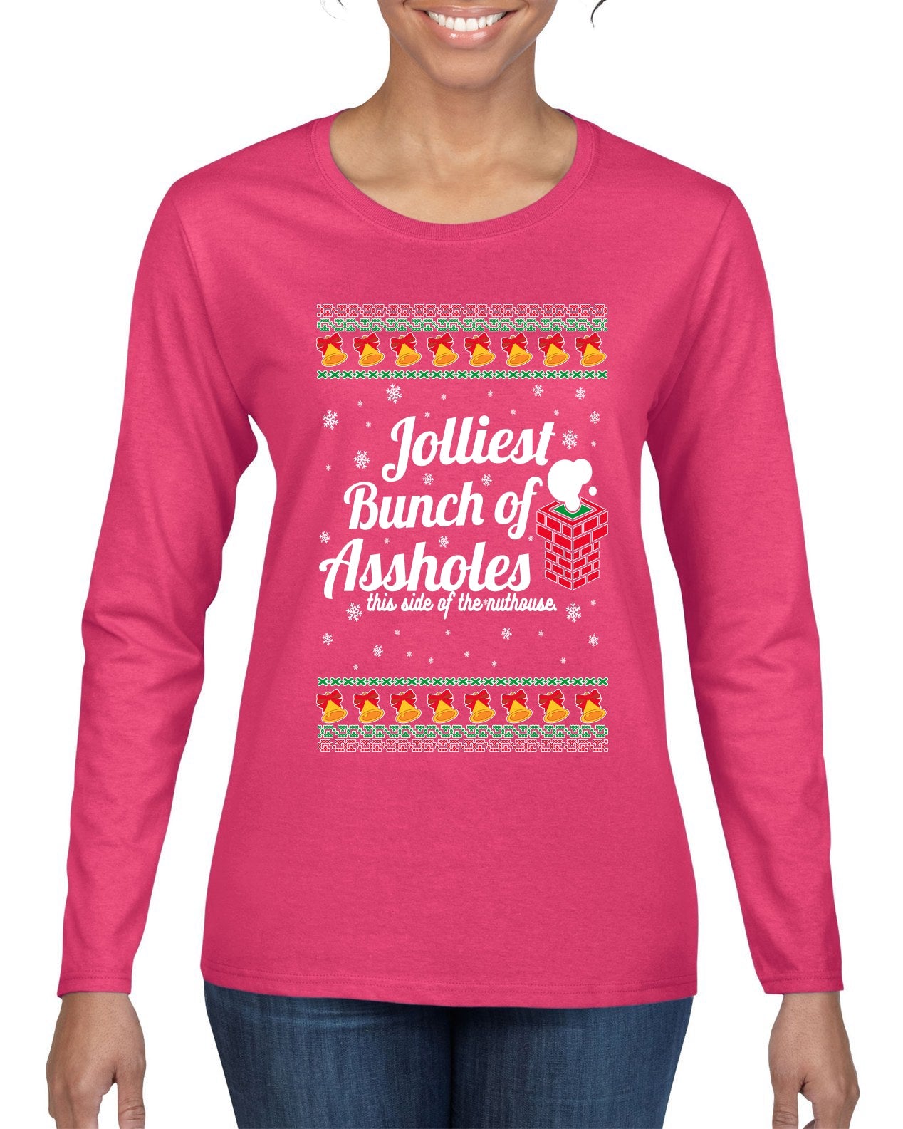 Jolliest Bunch of Assholes Xmas Movie Ugly Christmas Sweater Womens Graphic Long Sleeve T-Shirt