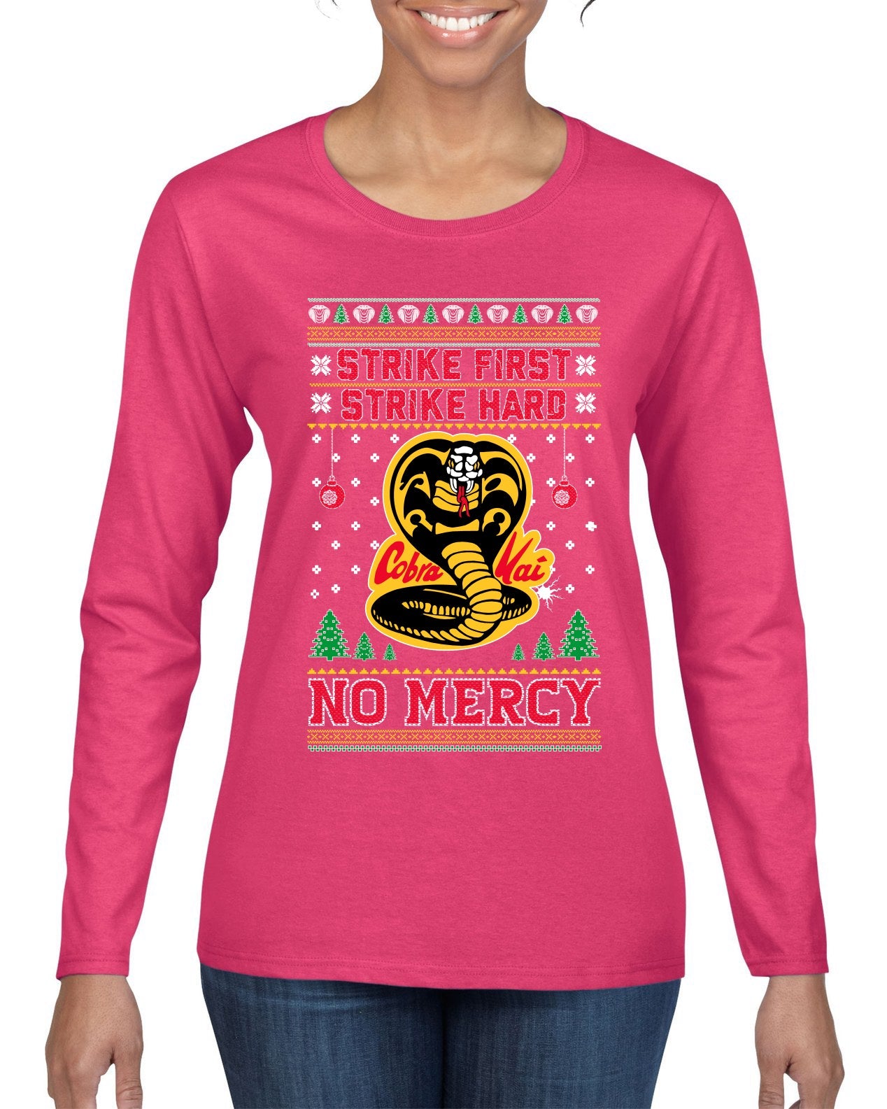 Strike First Strike Hard No Mercy Xmas Ugly Christmas Sweater Womens Graphic Long Sleeve T-Shirt