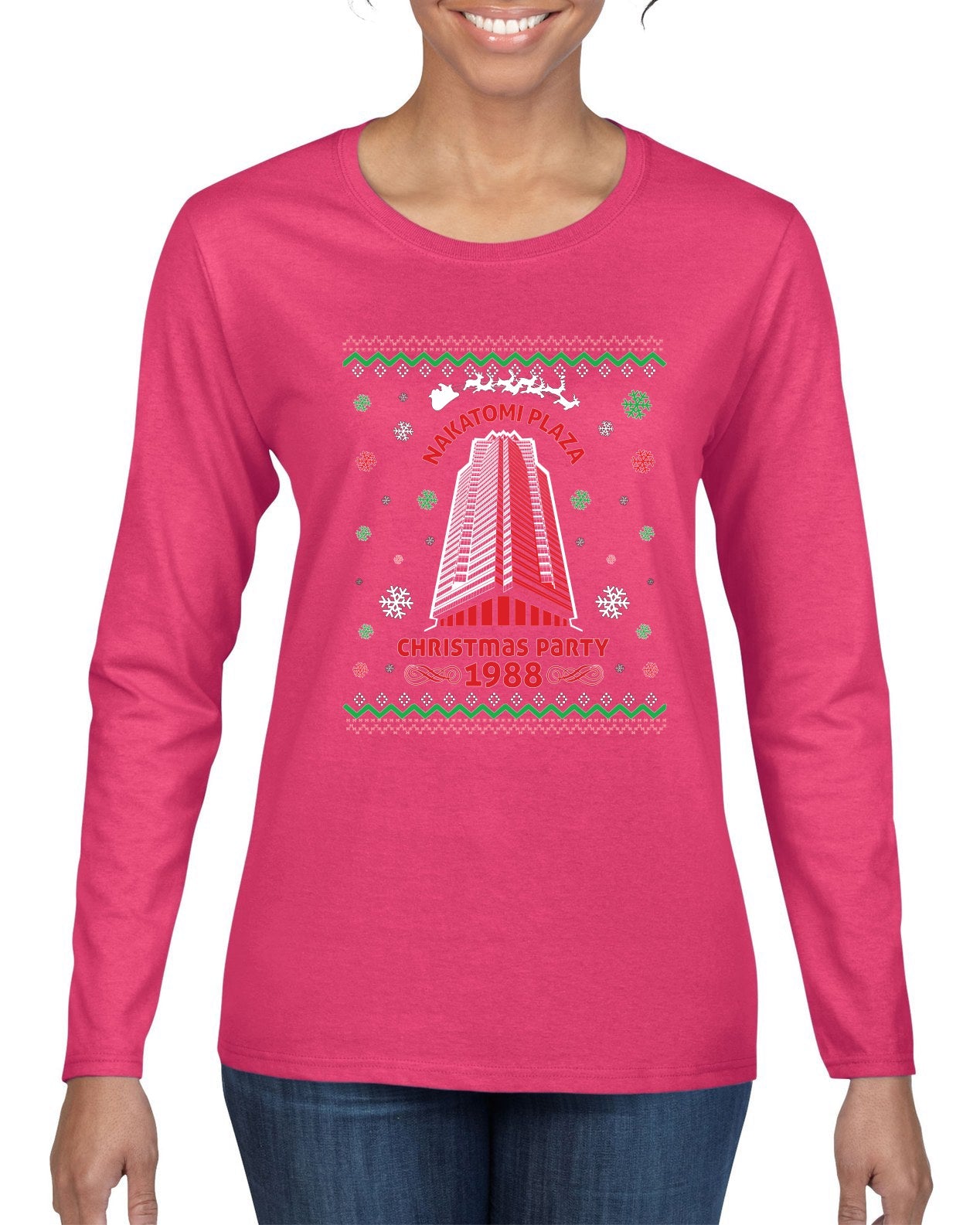 Nakatomi Plaza Christmas Party 1988 Ugly Christmas Sweater Womens Graphic Long Sleeve T-Shirt