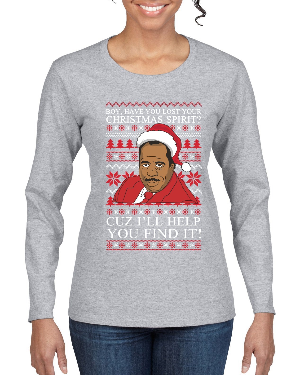 Christmas Spirit I'll Help You Find It Stanley Hudson Ugly Christmas Sweater Womens Graphic Long Sleeve T-Shirt