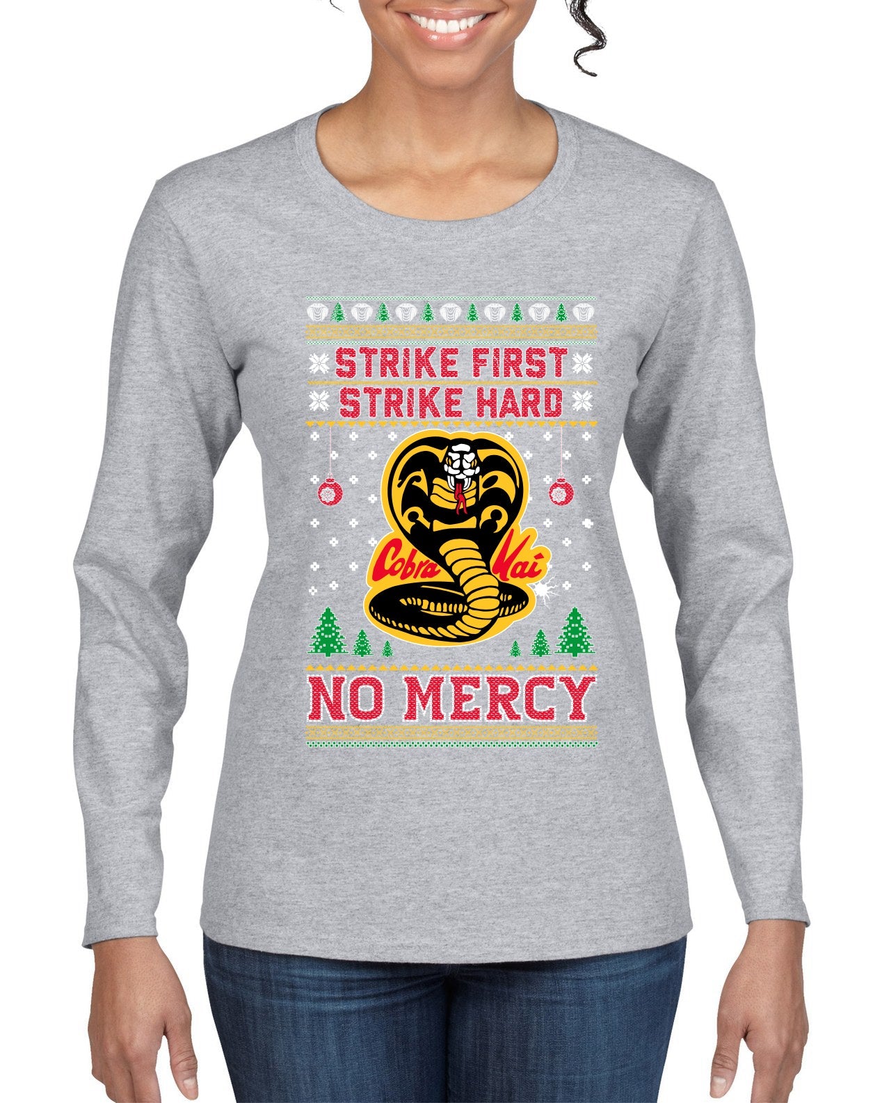 Strike First Strike Hard No Mercy Xmas Ugly Christmas Sweater Womens Graphic Long Sleeve T-Shirt