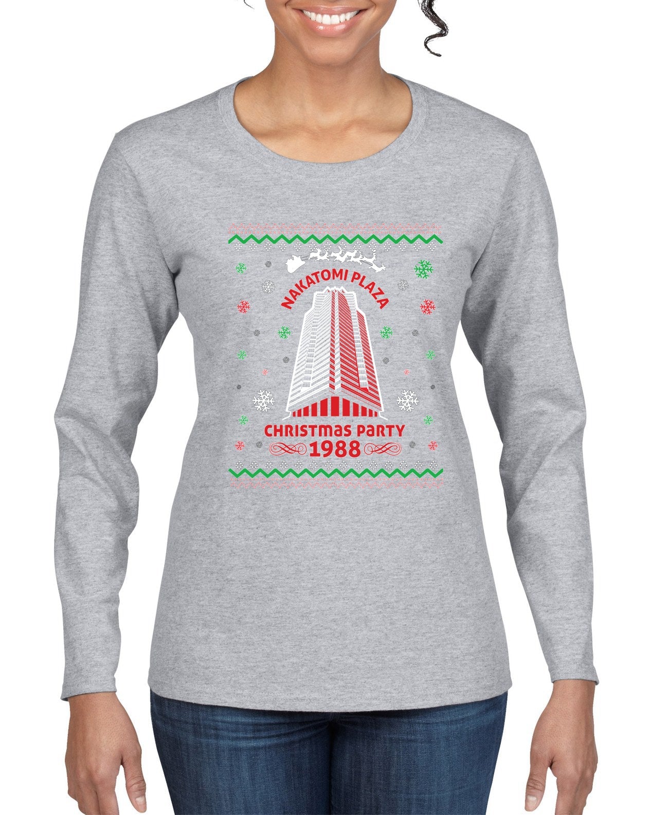 Nakatomi Plaza Christmas Party 1988 Ugly Christmas Sweater Womens Graphic Long Sleeve T-Shirt