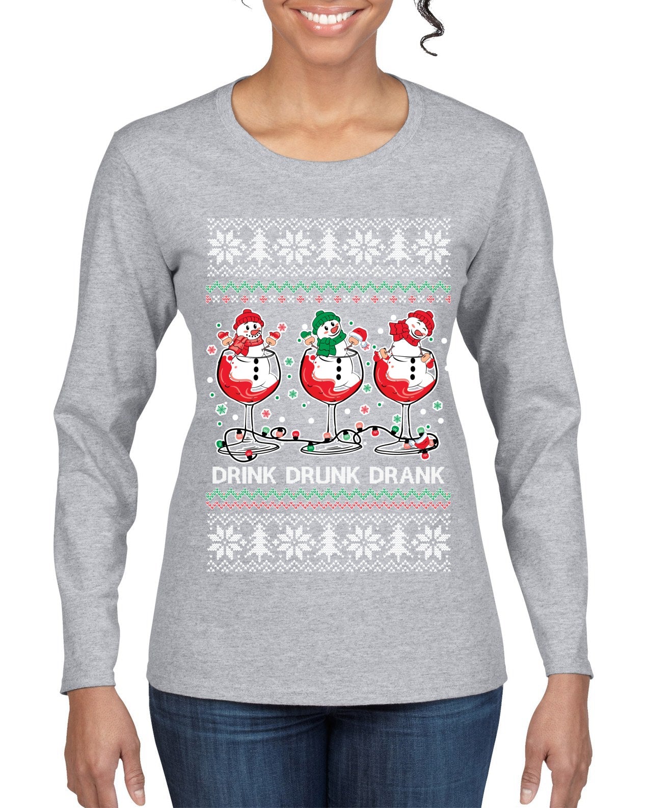 Holiday Spirits Drink Drank Drunk Snowmen Ugly Christmas Sweater Womens Graphic Long Sleeve T-Shirt