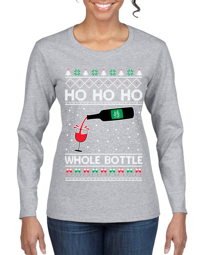 Ho Ho Ho Whole Bottle Wine Spirits Ugly Christmas Sweater Womens Graphic Long Sleeve T-Shirt