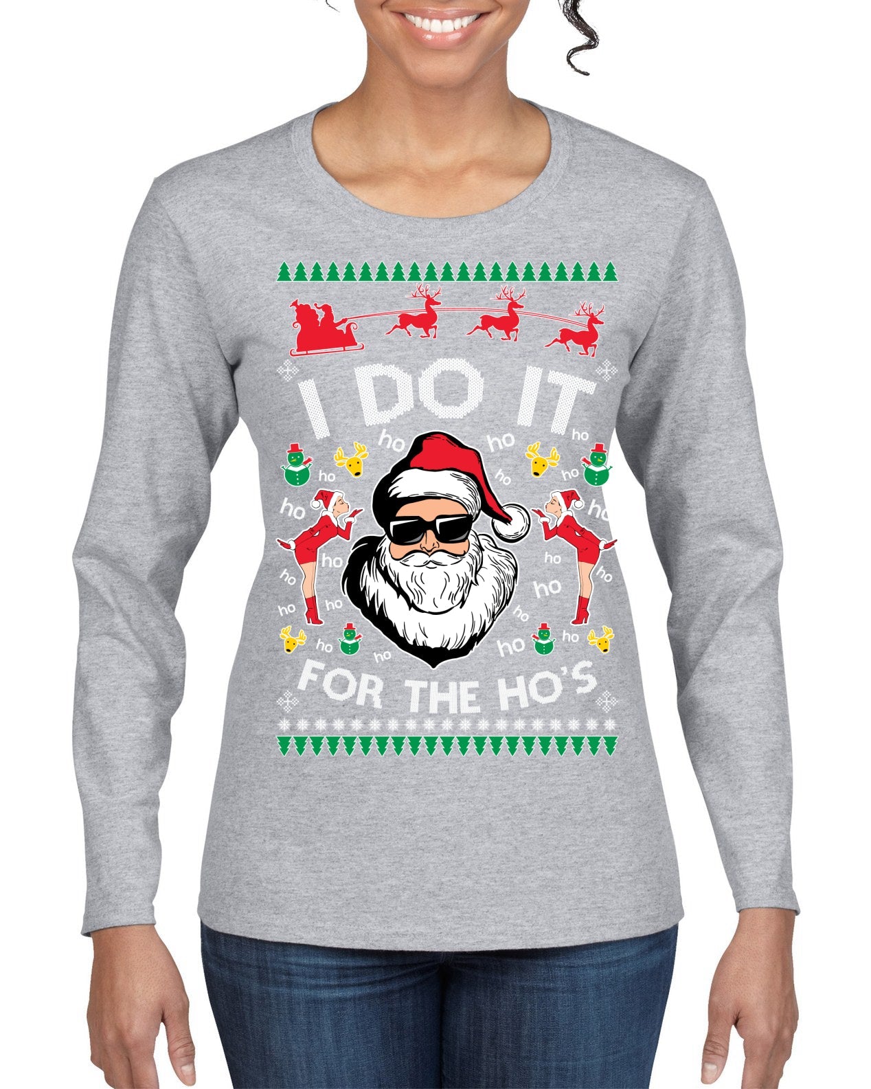 I Do It for the Hos Funny Santa Claus Ugly Christmas Sweater Womens Graphic Long Sleeve T-Shirt