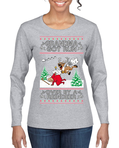 Grandma Got Run Over by a Reindeer, Funny Animated Design Rein Deer Kids TV Song Movie Ugly Christmas Sweater Womens Graphic Long Sleeve T-Shirt