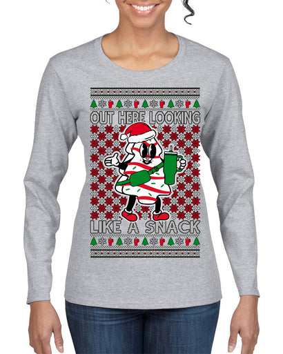 Out Here Looking Like a Snack Funny Cute Christmas Cookie Ugly Christmas Sweater Womens Graphic Long Sleeve T-Shirt