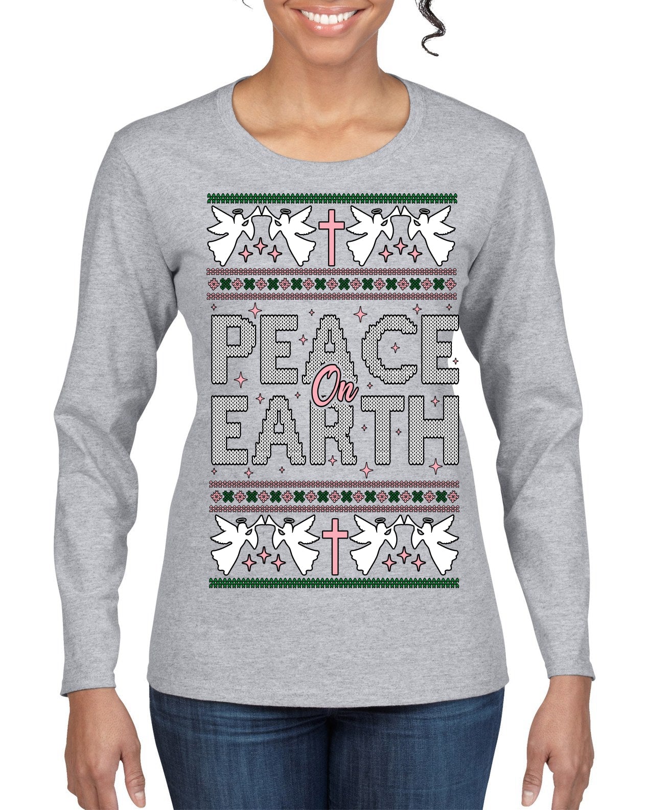 Peace On Earth Funny Xmas Cute Pink Angel Cross Ugly Christmas Sweater Womens Graphic Long Sleeve T-Shirt