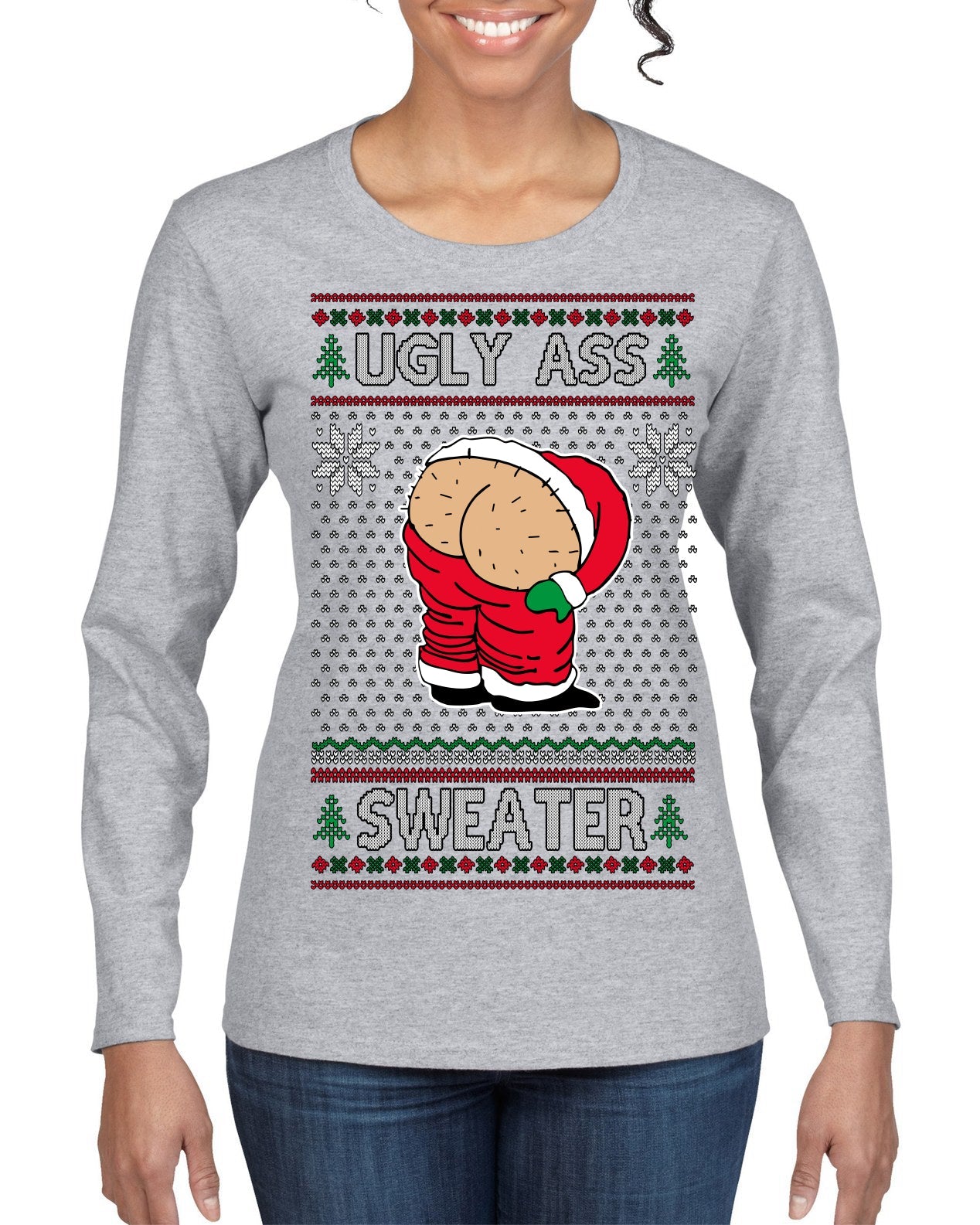 Ugly Ass Sweater Funny Santa Claus Butt Xmas Ugly Christmas Sweater Womens Graphic Long Sleeve T-Shirt