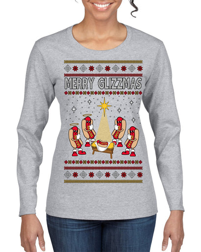 Merry Glizzmas, Funny Glizzy Hot Dog Baby Jesus Catholic Nativity, Fast Food Mustard Condiment Glizzys Humor Ugly Christmas Sweater Womens Graphic Long Sleeve T-Shirt
