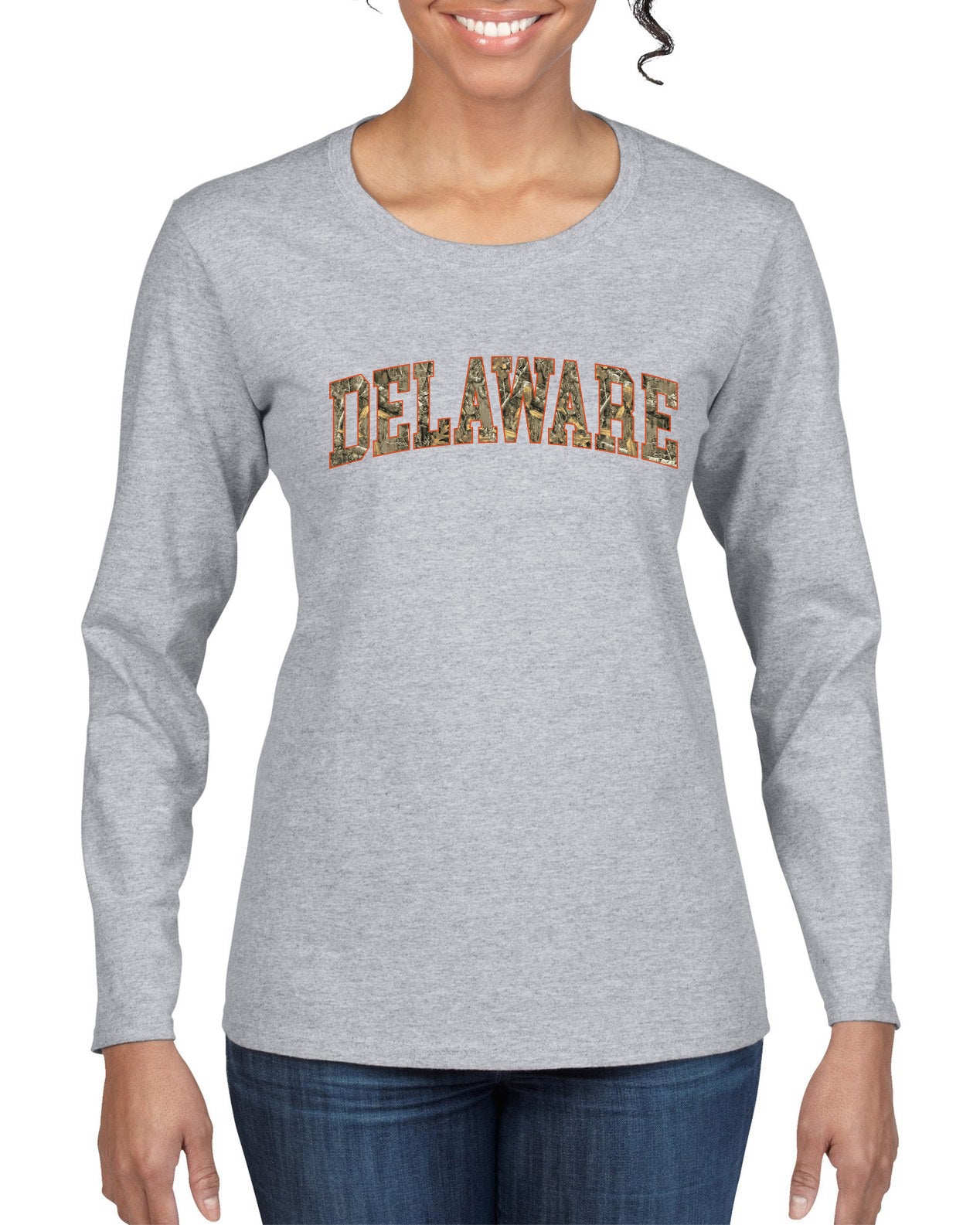 Delaware  Camo Fill Orange Outline Sweater, Womens Graphic Long Sleeve T-Shirt